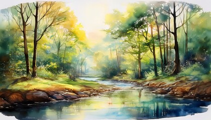 tranquil forest stream watercolor landscape with sunlit trees and river