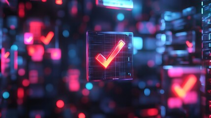 Neon Red Checkmark Digital Technology Abstract Background Futuristic Interface Success Approved Confirmation Symbol Modern Design Graphic Element Digital Art Sci Fi Technology     