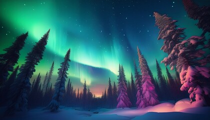 Naklejka premium northern lights dancing above a dense forest of coniferous trees casting an ethereal glow over the landscape flim