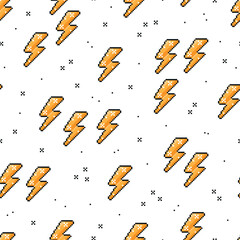 Pixel Art Seamless Pattern with Yellow Lightning Bolts. Repeat Background with 8 bit pixel Thunder bolts. Vector illustration