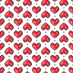 Pixel Art Seamless Pattern with Red Heart. Love Background with 8 bit pixel Hearts for Valentine's day or Birthday. Vector illustration. 