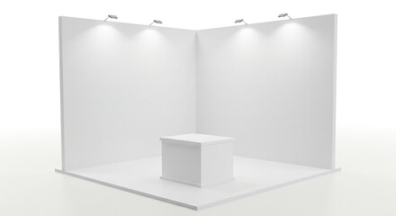 A minimalist white exhibition booth with a counter and spotlights in a corner setup for trade shows