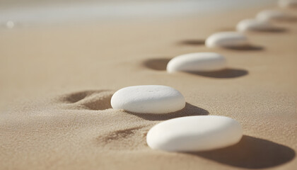 Obraz premium White stones on sand with pattern, space for text. Zen, meditation, harmony