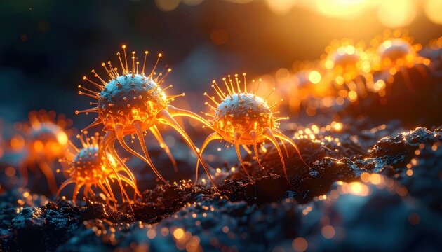 A fantasy representation of luminous microorganisms glowing in warm and cool tones symbolizing microscopic life and biological wonder
