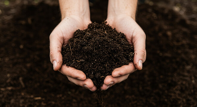 A person holding a handful of dark soil with both hands over a background of more dark soil ground