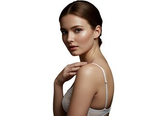 Fototapeta premium A model in white lingerie touching her shoulder softly, isolated 