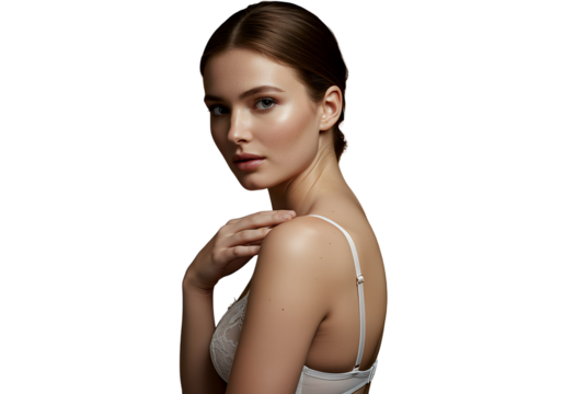 A model in white lingerie touching her shoulder softly, isolated 