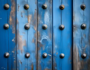 Fototapeta premium weathered wooden wall with blue paint and round metal knobs showcasing rustic charm and texture
