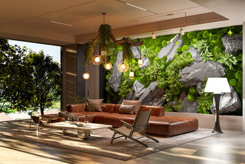 Sunlit Living Room with Green Wall & Outdoor View