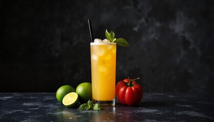 Refreshing cocktail drink with lime, tomato, and mint leaves on a dark background, representing a vibrant summer flavor concept of casual dining or bar atmosphere