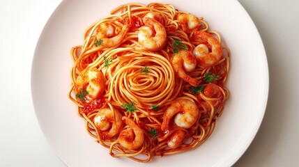 Photograph of spaghetti with shrimp and tomato sauce elegantly arranged on a white plate.