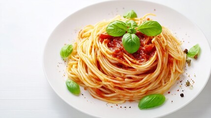Photograph of spaghetti with tomato sauce and basil on a white plate against a neutral background.