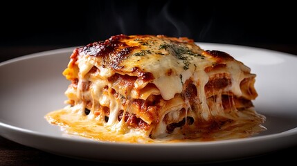Photograph of a layered lasagna with bubbling cheese and sprinkled basil on a white plate.
