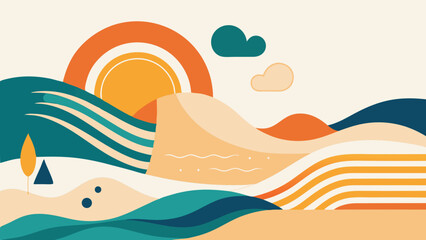 Naklejka premium Abstract landscape illustration with sun, waves, and hills in summer