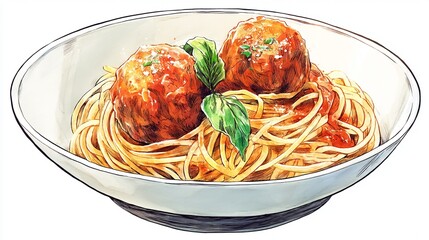 Digital illustration of spaghetti and meatballs served in a glass bowl with basil leaves.