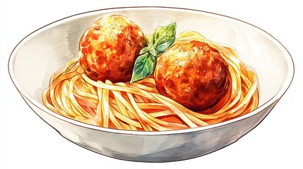 Illustration of spaghetti with meatballs and basil in a silver bowl.