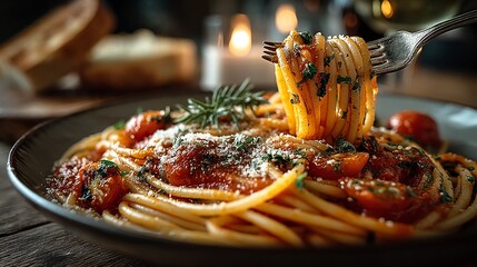 Photograph of spaghetti with meatballs, garnished with herbs and parmesan, served on a rustic wooden plate.