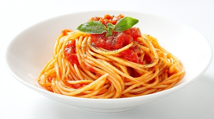 Photograph of spaghetti with tomato sauce, black pepper, and a basil garnish in a white bowl.