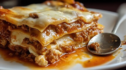 Photograph of layered lasagna with melted cheese and tomato sauce on a white plate.