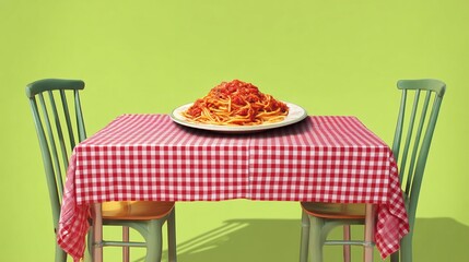 Photograph of spaghetti and meatballs on a checkered tablecloth with two green chairs.