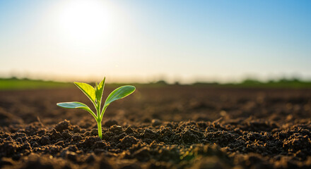 A small green plant seedling growing in dark brown soil under a bright blue sky with a blurred horizon