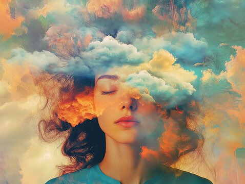 A woman with eyes closed imagines clouds as her hair, blending technology and creativity in a colorful, abstract setting