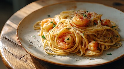 Photograph of shrimp pasta with garlic, white wine, and parmesan cheese on a rustic plate.
