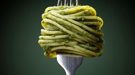 Photograph of layered spaghetti with pesto sauce on a silver fork against a dark green background.