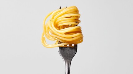Photograph of spaghetti on a silver fork, showcasing a spiral arrangement.