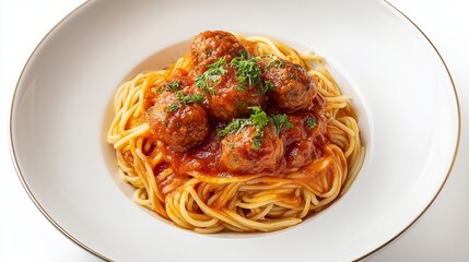 Photograph of spaghetti with meatballs in tomato sauce served in a gold-rimmed bowl.