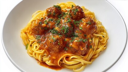 Photograph of spaghetti with meatballs in a rich, brown sauce, garnished with fresh parsley.