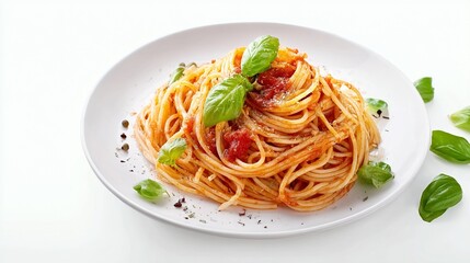 Photograph of spaghetti with tomato sauce and basil on a white plate.