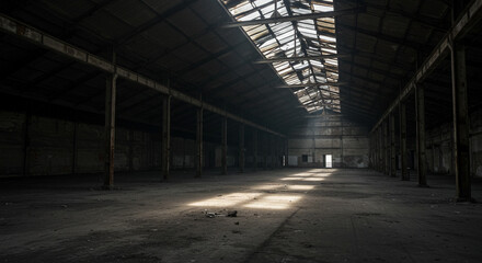 An abandoned warehouse with light streaming through a damaged roof and supporting metal beams inside