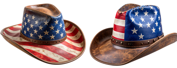 Vintage distressed American cowboy hat with flag design, angled side view, isolated PNG