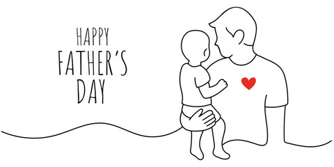 Happy Father's Day card with father holding child. Minimal one line drawing of dad and kid with red heart. Continuous line art illustration for Father's Day greeting design. White background.