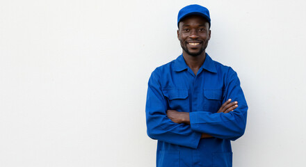 A smiling african american man in blue workwear and a cap with arms crossed against a white background