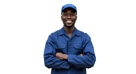 A smiling african american man in blue workwear with arms crossed on an isolated white background image