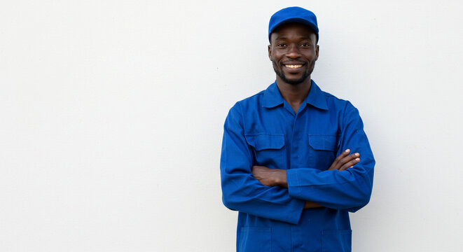 A smiling african american man in blue workwear and a cap with arms crossed against a white background