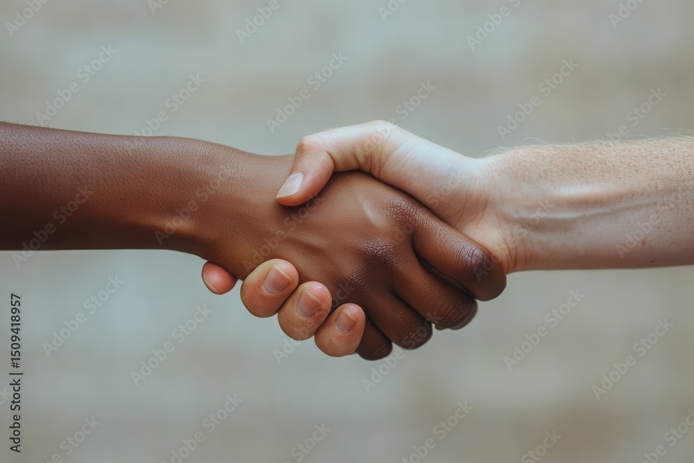 Poster hands united in a handshake symbolize friendship and cooperation between diverse individuals in a ne