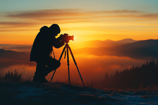 Man adjusting a camera on a tripod silhouette - Powered by Adobe