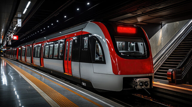 A modern train sits at the Estacion de Atocha platform, bathed in light with escalators visible in Madrid.