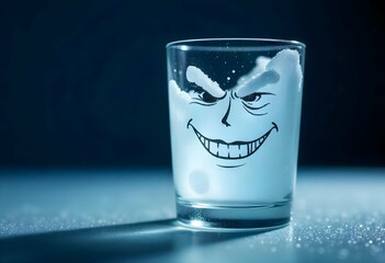 Macro shot of a glass with a playful facial expression drawn in condensation — frosted texture, soft lighting, high detail, isolated background, imaginative take on inanimate object emotion