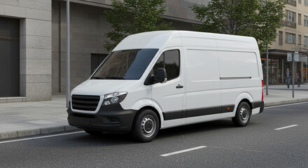 A white delivery van parked on a city street with buildings and trees in the background on a sunny day