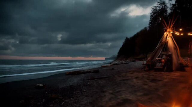 Bonfire burning near beach tent tipi at sunset on sandy beach with overcast skies and ocean waves.