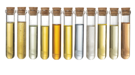 Glass test tubes filled with colorful liquids and sealed with cork stoppers, neatly arranged against a transparent background for scientific analysis and experimentation