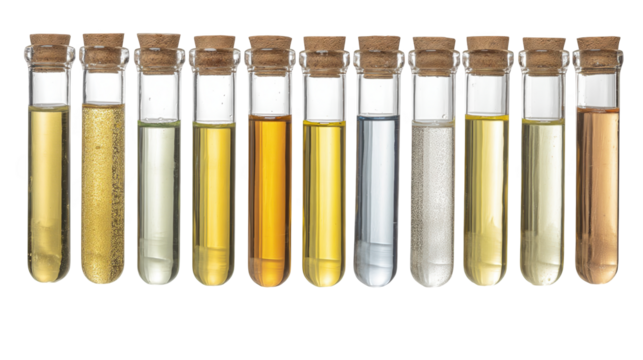 Glass test tubes filled with colorful liquids and sealed with cork stoppers, neatly arranged against a transparent background for scientific analysis and experimentation