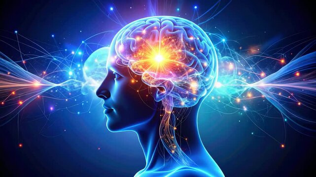 Human head with glowing brain symbolizing intelligence, creativity, and cognitive potential