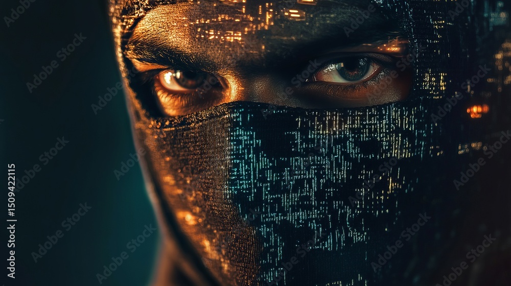 Poster mysterious hacker masked face digital art dark intense eyes code cyber security technology abstract 