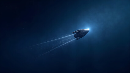 Fototapeta premium A spaceship travels in a dark, vast universe. Space travel, silver lines, dark blue shades.
