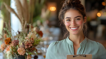 With a bright smile, an event planner poses confidently with a clipboard beside a beautifully decorated banquet table